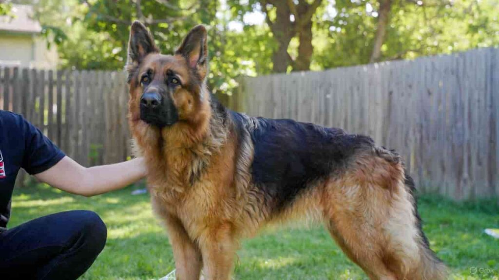 “A well-trained German Shepherd standing alert beside its owner during protective dog training.”