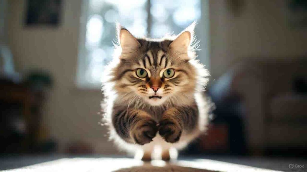 Athletic cat jumping and playing in a bright indoor home