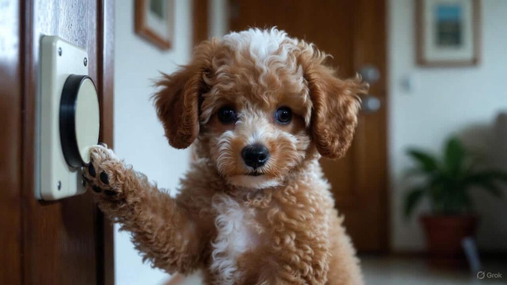8-week-old toy poodle puppy pressing a button to open and close the door during early training