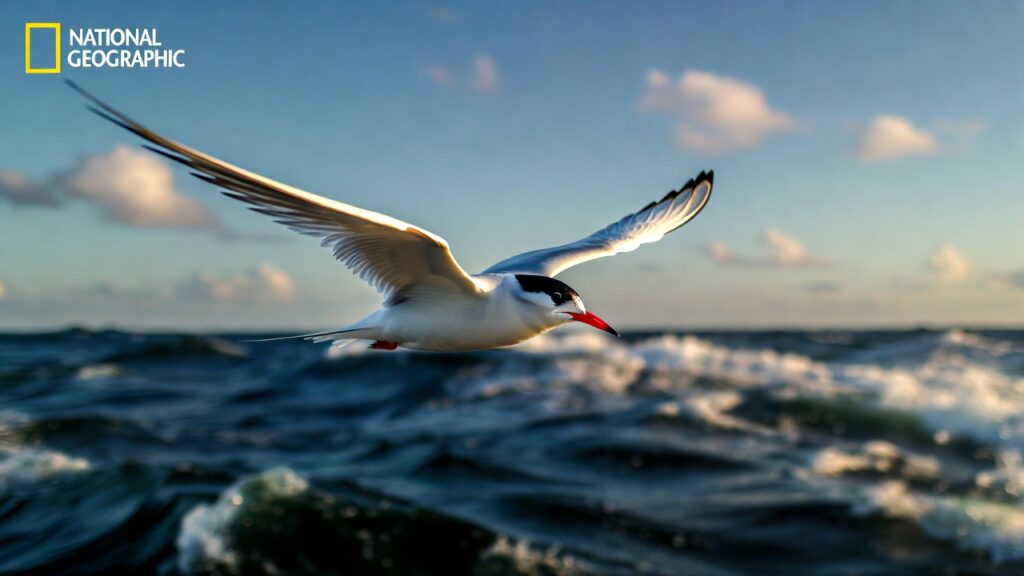 Arctic Tern in flight during its record-breaking annual migration across oceans