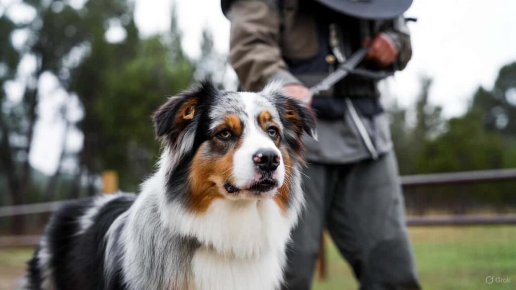Australian Shepherd Velcro dog staying close to its owner, showing loyalty and herding dog attachment.