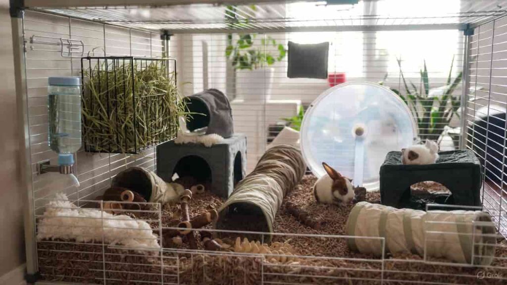 Best cage setup for small pets with bedding, hideouts, toys, and proper ventilation