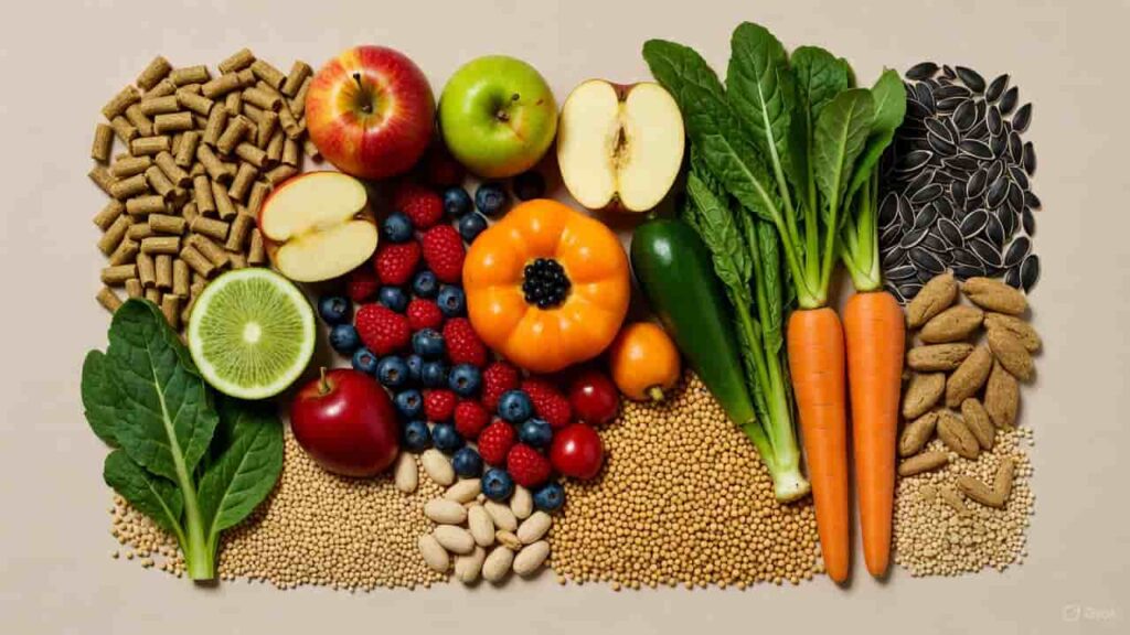 Balanced bird nutrition with pellets fruits vegetables and seeds