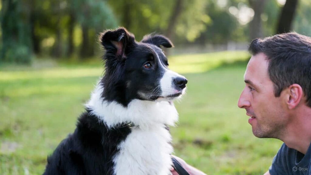 Border Collie Velcro dog focusing on its owner, showing intelligence and strong emotional bonding.