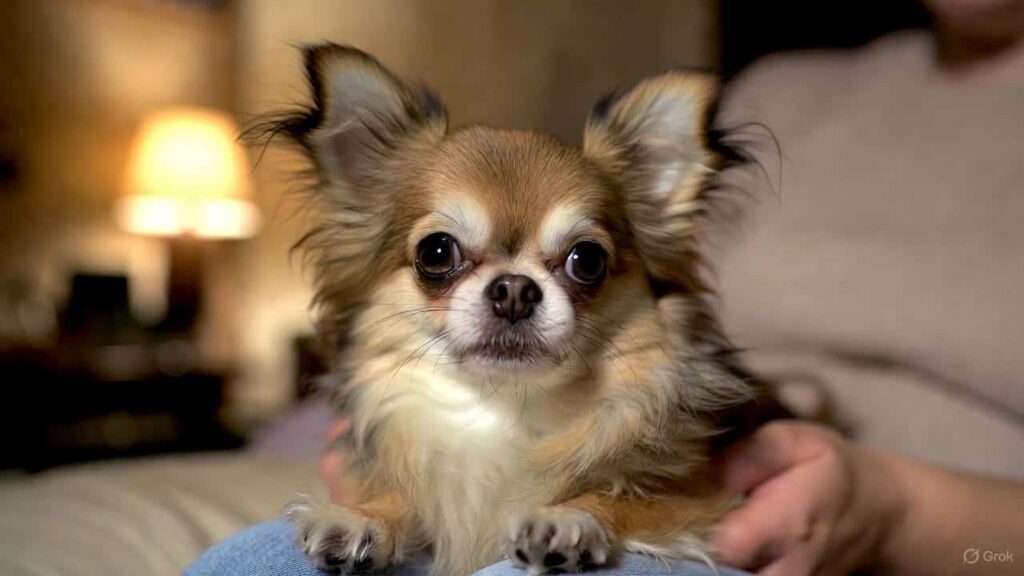 Chihuahua Velcro dog sitting on its owner’s lap, showing strong attachment and affection.