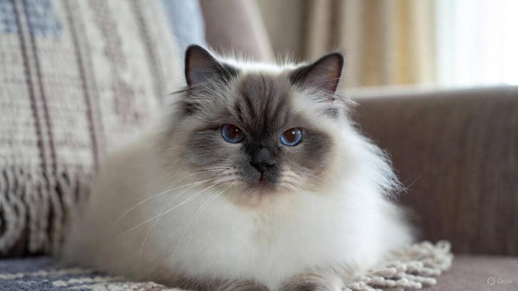 A complete guide about Ragdoll companionship showing a calm blue-eyed Ragdoll cat at home