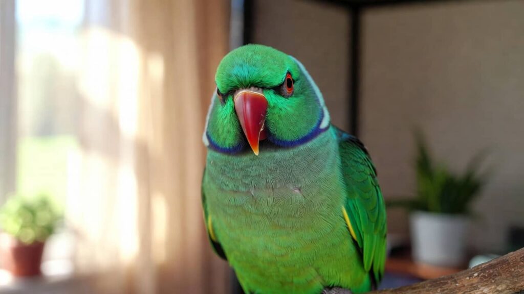 Male Eclectus Parrot perched indoors, bright green feathers, speaking