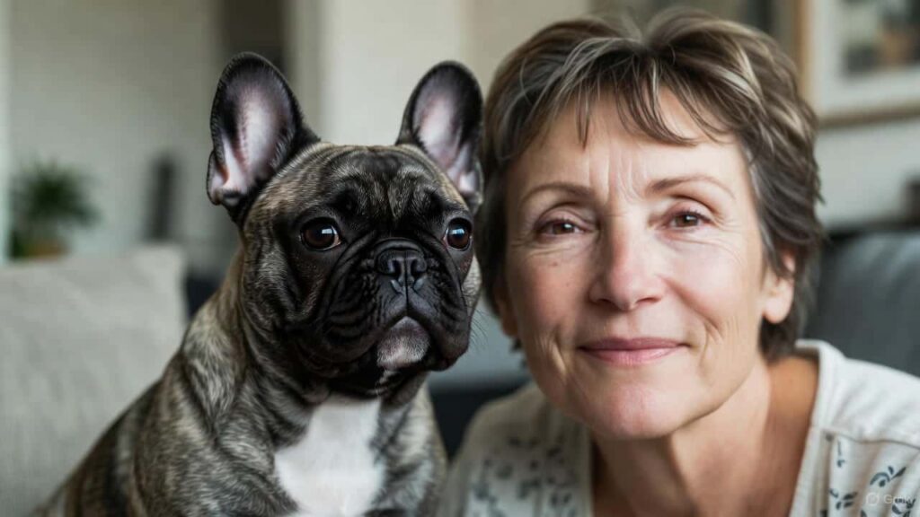 French Bulldog Velcro dog resting beside its owner, showing affectionate and calm companionship.