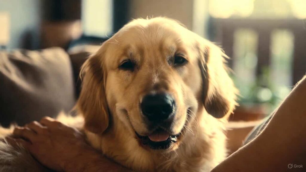 Golden Retriever leaning against its owner, showing affectionate Velcro dog behavior and emotional bonding.