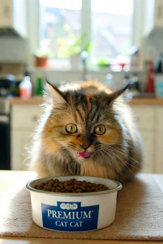 Happy healthy cat eating safe species-appropriate cat food