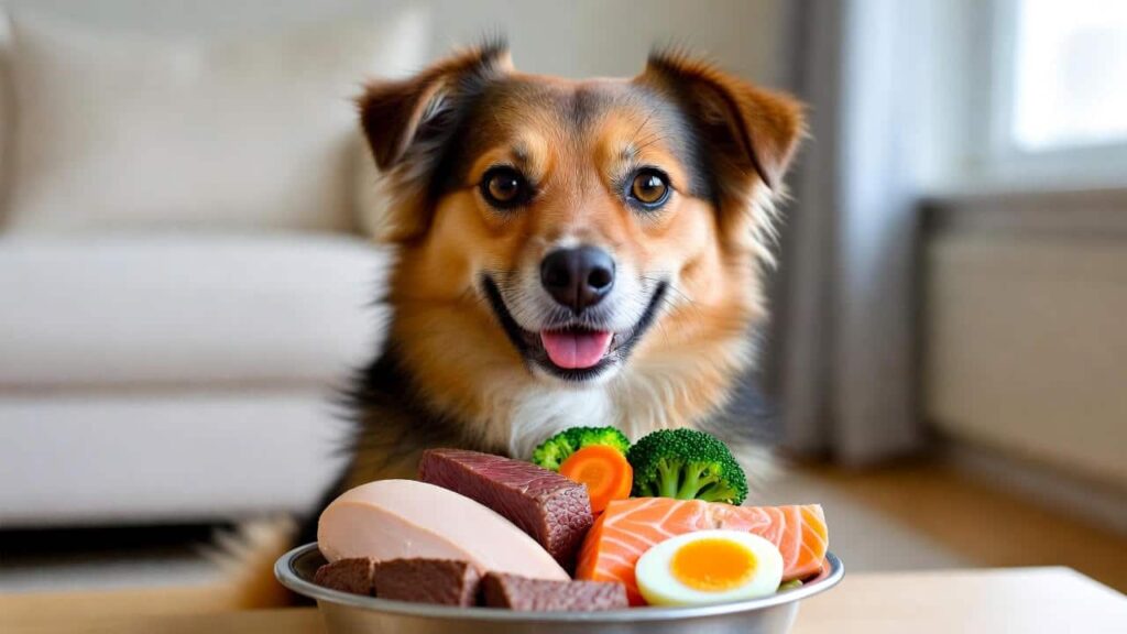 High-protein foods for dogs including chicken, beef, fish, and eggs in a healthy dog diet