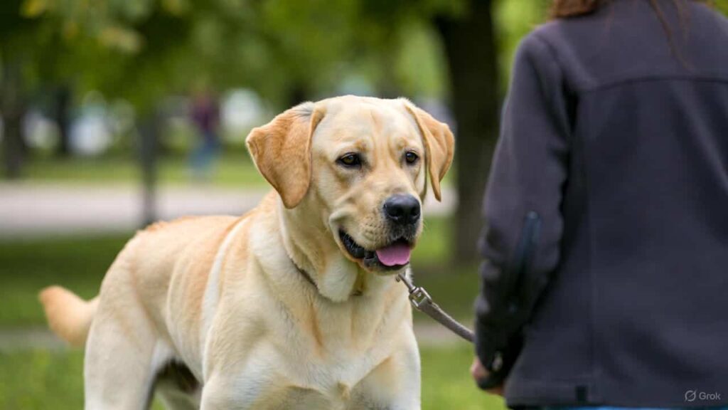 Labrador Retriever following its owner closely, representing a loyal Velcro dog breed known for companionship.