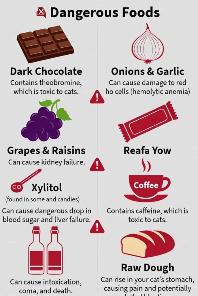 Visual guide to toxic foods for cats including chocolate onions garlic grapes and more