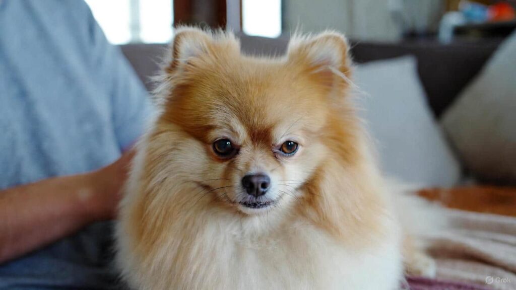 Fluffy Pomeranian Velcro dog sitting near its owner, showing affection and companionship.