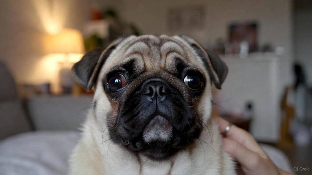 Pug Velcro dog cuddling near its owner, showing loving and playful companionship.