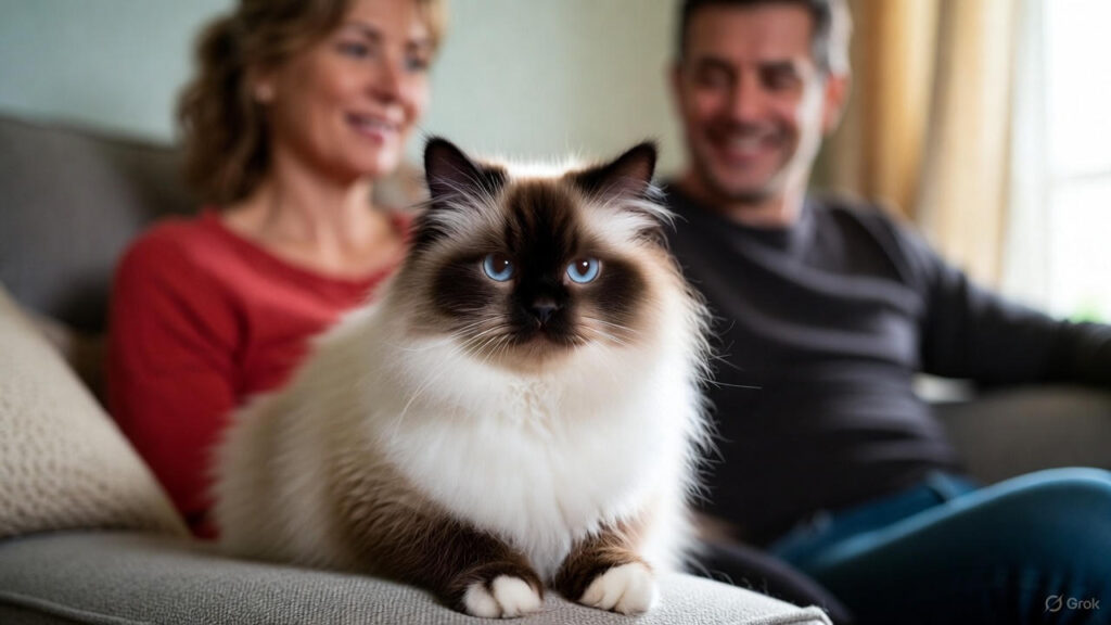 Ragdoll cat companionship with family and children indoors