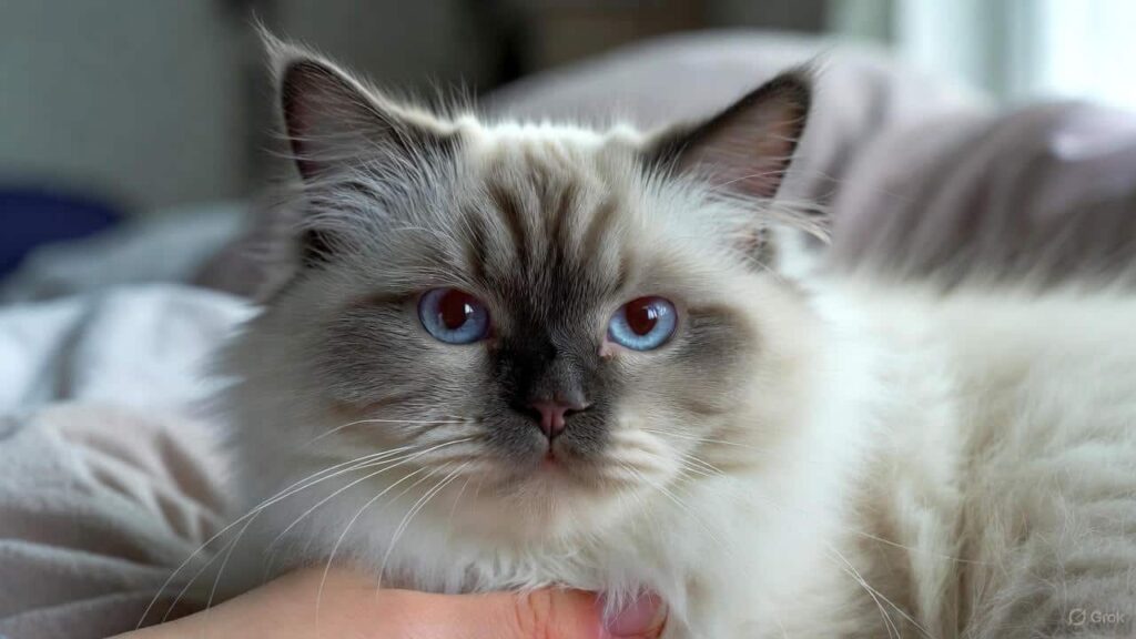 Relaxed Ragdoll cat with blue eyes and affectionate temperament