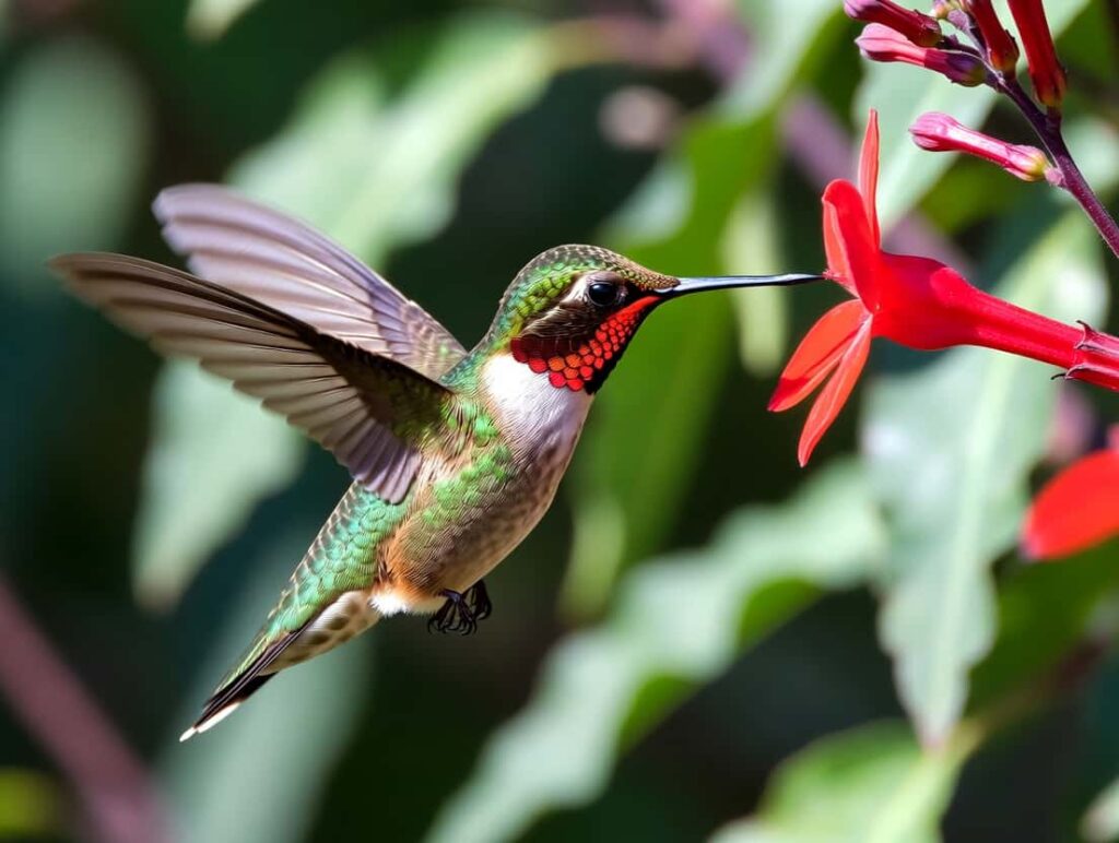 Ruby-throated Hummingbird hovering during long migration journey
