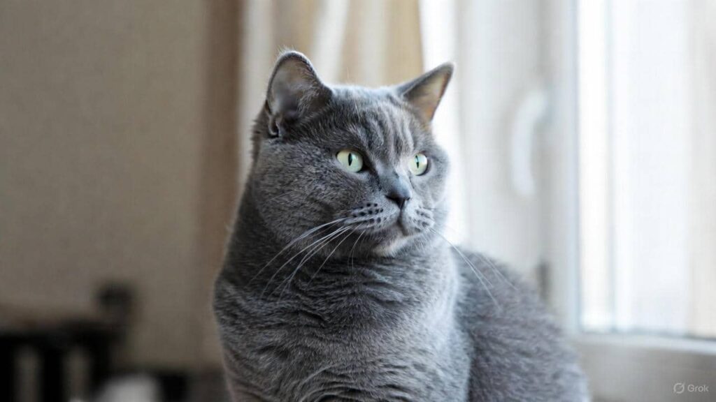 Russian Blue cat with green eyes and loyal personality