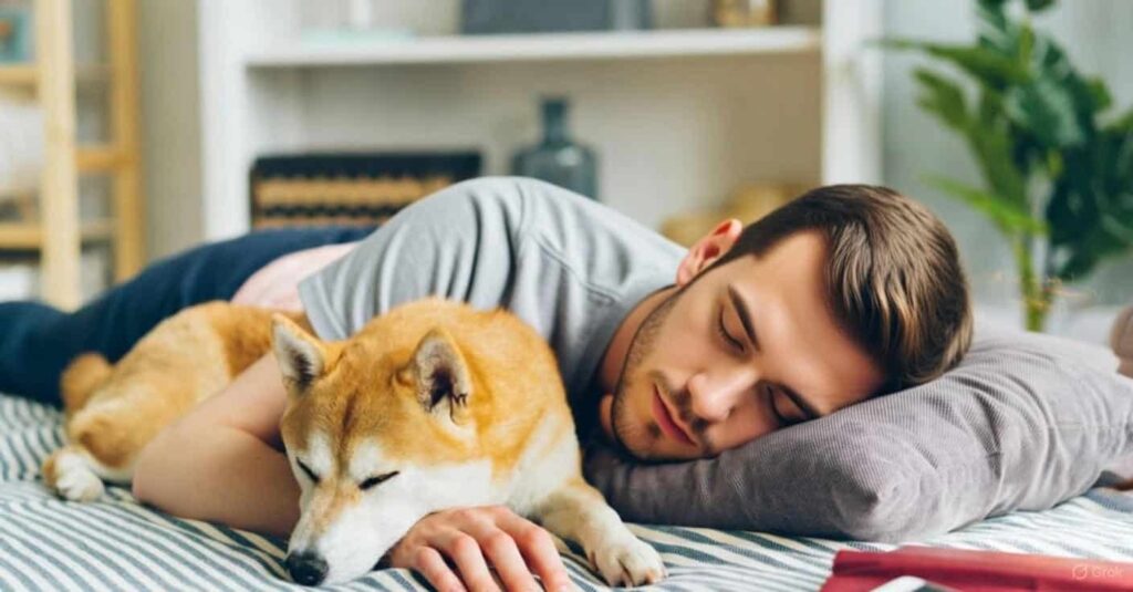 Person cuddling with dog while sleeping peacefully