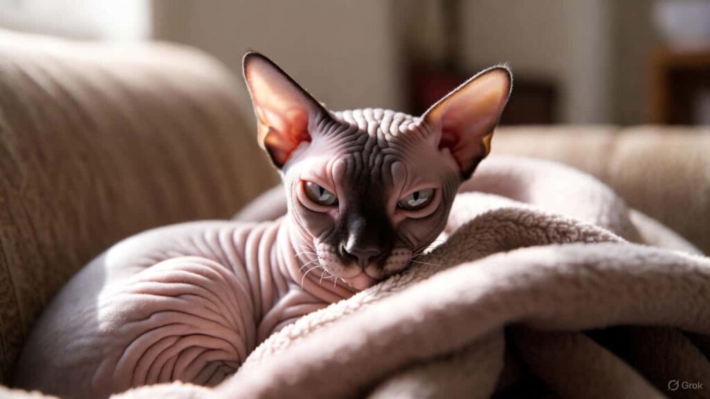 Hairless Sphynx cat showing affectionate and cuddly personality