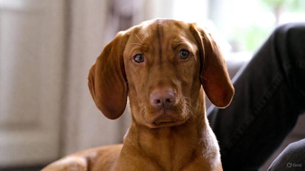 Vizsla Velcro dog sitting closely beside its owner, showing strong emotional bonding and affectionate behavior.
