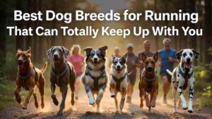 A high-quality photo of a runner with a Labrador or Weimaraner on a trail at sunrise.