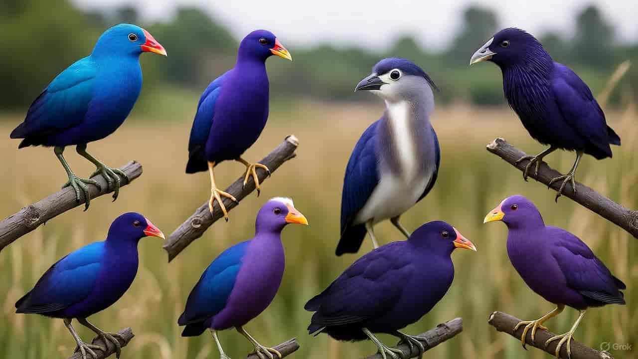 A rare purple bird perched on a tree branch glowing in sunlight