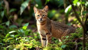 Africa’s golden cat standing in a dense rainforest.