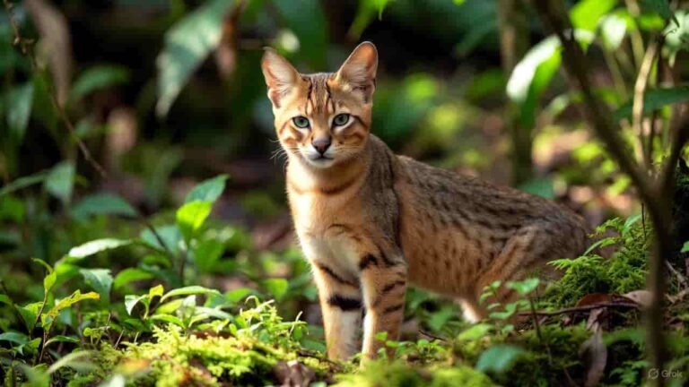 Africa’s golden cat standing in a dense rainforest.