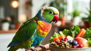 “Indoor parrot eating a healthy mix of vegetables, fruits, and pellets as part of a balanced diet for pet birds.”