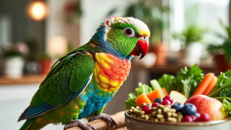 “Indoor parrot eating a healthy mix of vegetables, fruits, and pellets as part of a balanced diet for pet birds.”