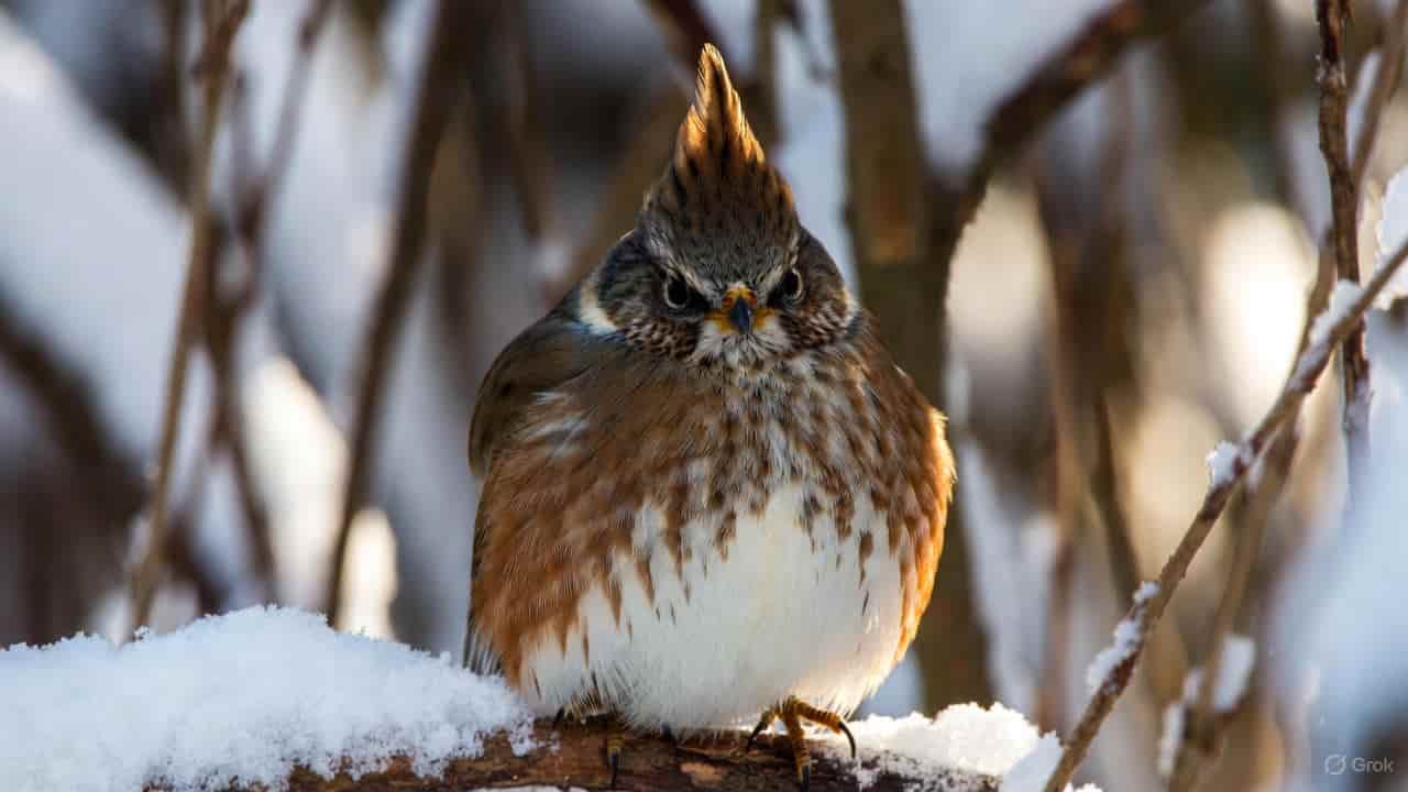A small bird fluffing its feathers to stay warm during winter in the snow.