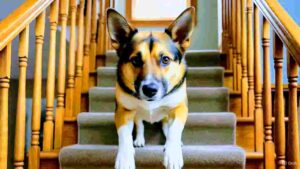 Golden retriever climbing stairs backward in a funny way while family laughs, showing unique dog behavior and pet personality.