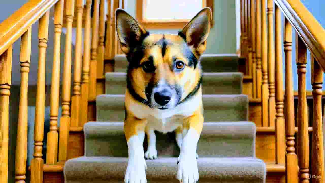Golden retriever climbing stairs backward in a funny way while family laughs, showing unique dog behavior and pet personality.