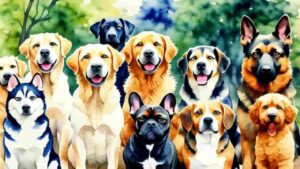“America’s most favorite purebred dogs including a Labrador, French Bulldog, Golden Retriever, Beagle, and German Shepherd sitting outdoors.”