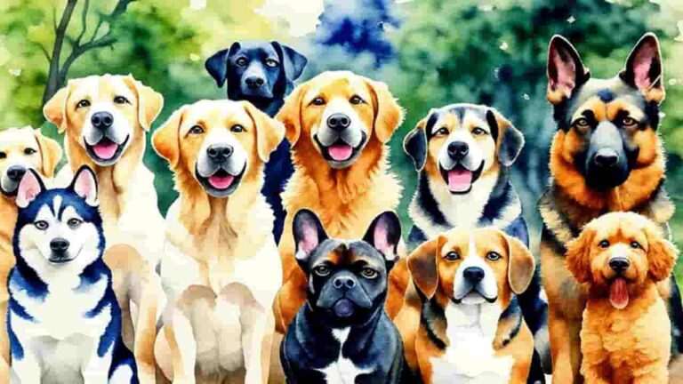 “America’s most favorite purebred dogs including a Labrador, French Bulldog, Golden Retriever, Beagle, and German Shepherd sitting outdoors.”
