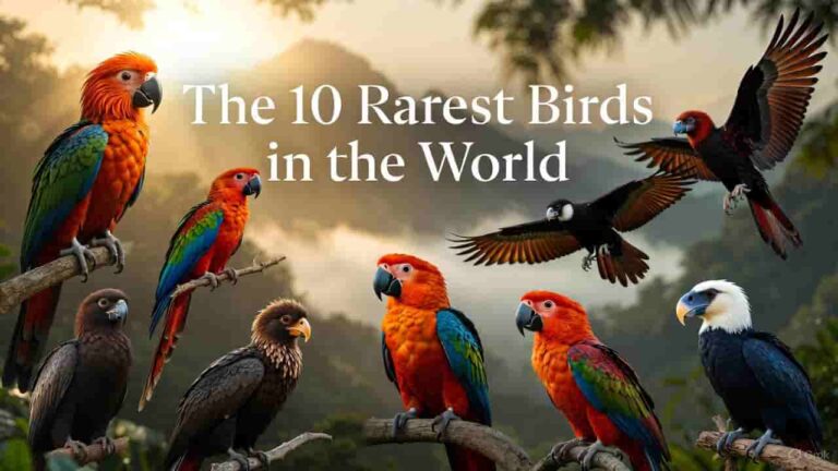 A collage of the world’s rarest birds including Kakapo, Spix’s Macaw, and Philippine Eagle.