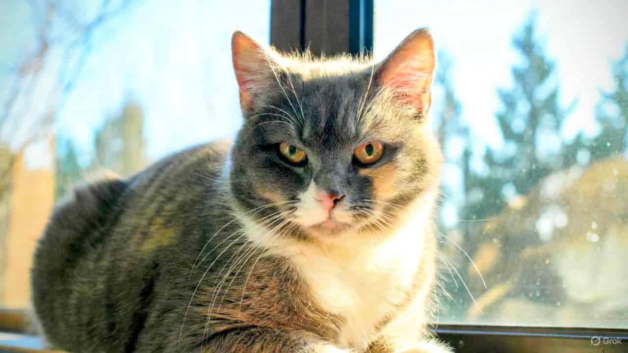 “Healthy and happy cat sitting on a sunny windowsill with bright eyes and a shiny coat.”