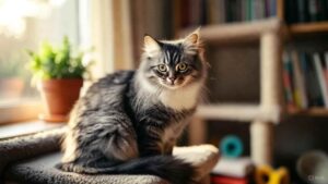 “Healthy indoor cat sitting on a cozy perch with soft natural lighting, symbolizing proper cat care and a stress-free home environment.”