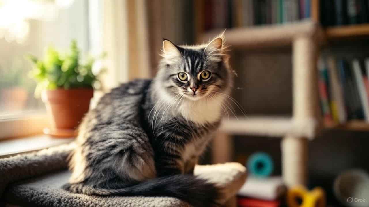 “Healthy indoor cat sitting on a cozy perch with soft natural lighting, symbolizing proper cat care and a stress-free home environment.”