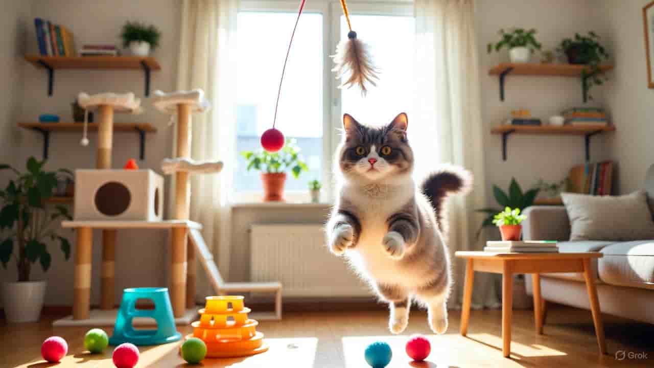 Indoor cat playing with a feather wand toy in a cozy living room.