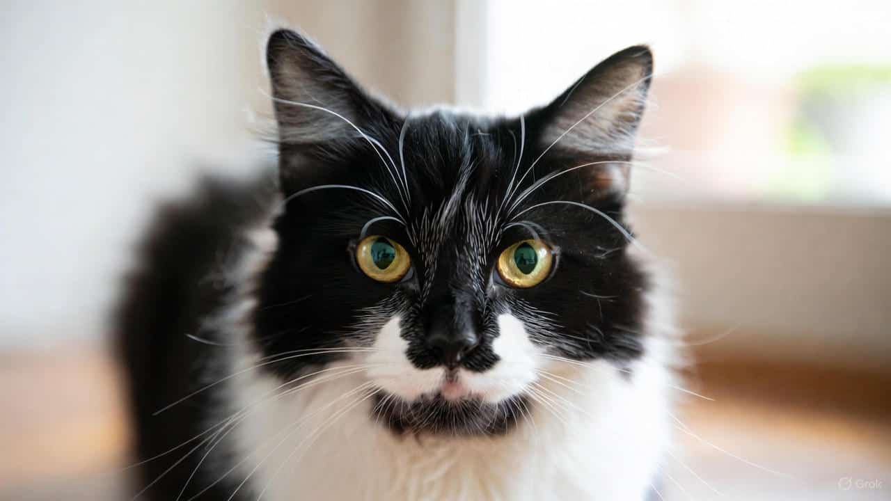 Black and white tuxedo cat sitting on a floor with bright lighting, showcasing its bi-color coat.