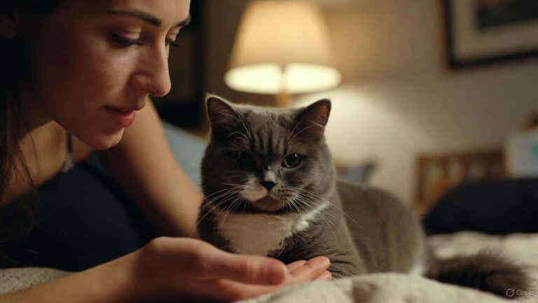 “Owner bonding with a new cat in a cozy home environment”