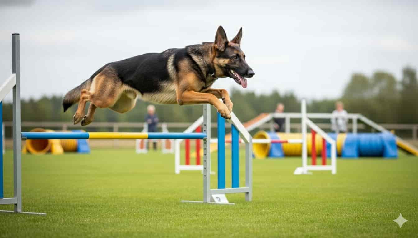 “Top 10 brilliant and intelligent dog breeds including Border Collie, Poodle, German Shepherd, Golden Retriever, Labrador, and more standing outdoors.”