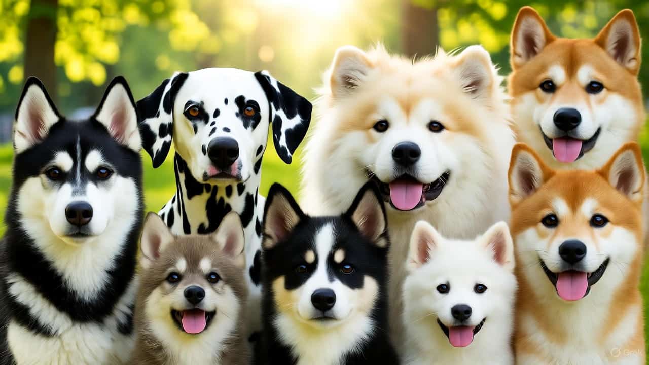 Collage of cool and unique dog breeds including Husky, Dalmatian, Chow Chow, and Samoyed for blog header.