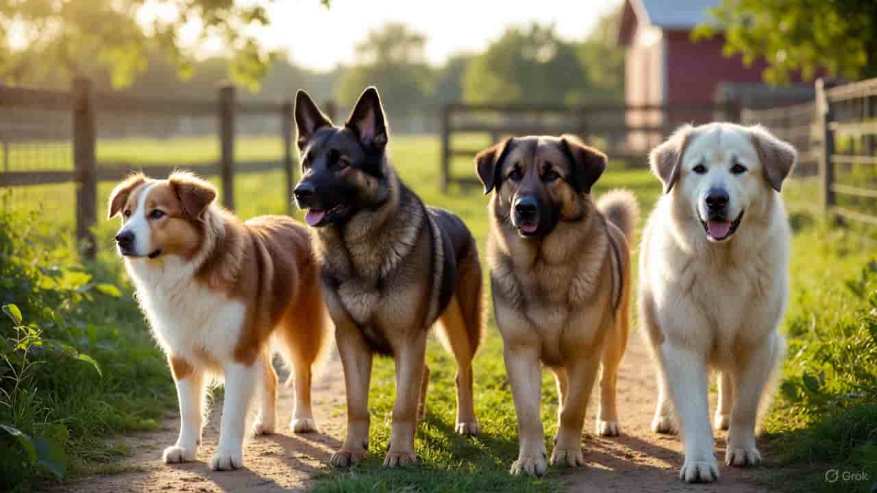 Loyal dog breeds standing on a rural farm, ideal for farm security and country homes.”