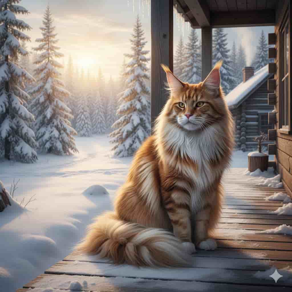 “Majestic Maine Coon cat representing its American origins sitting outdoors in a snowy countryside.”
