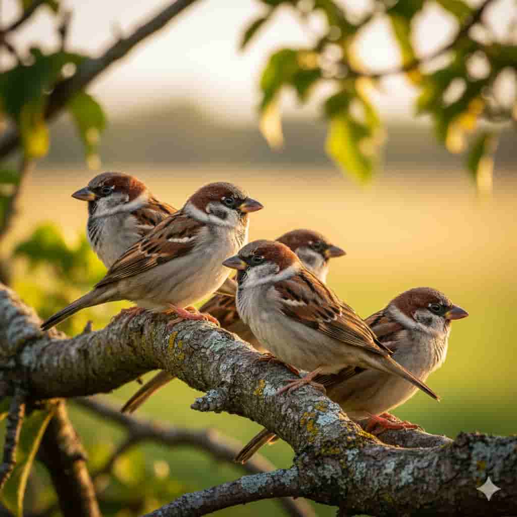 A group of beautiful sparrow birds with detailed feathers sitting on a tree branch in warm sunlight.