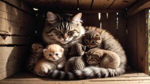 Mother cat cuddling her newborn kittens in a safe hidden place